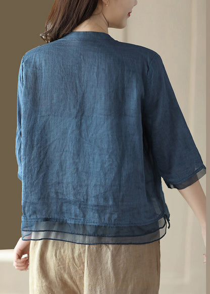 Blue V Neck Embroideried Ramie Shirt Half Sleeve