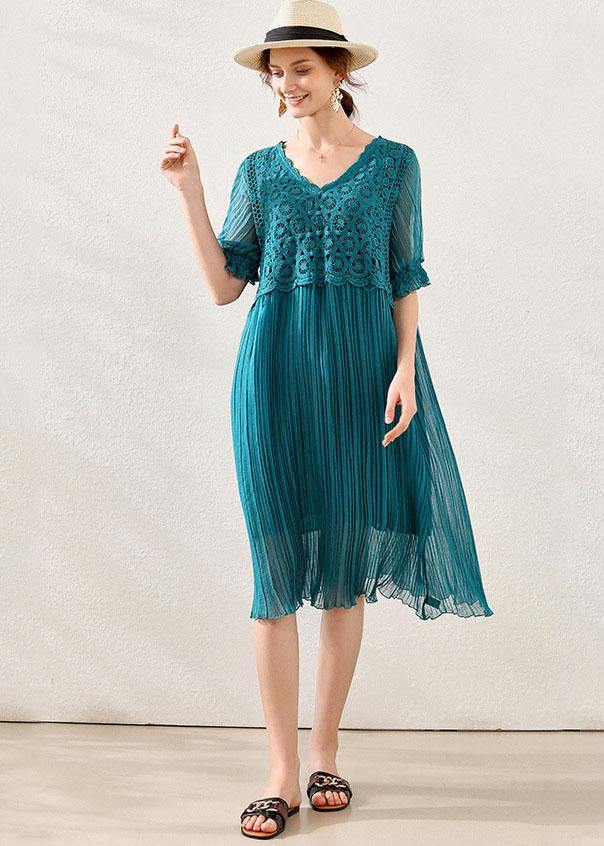 Peacock Blue Chiffon a Line Spring Long Dresses Short Sleeve