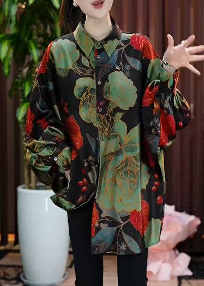 Green Peter Pan Collar Print Button Silk Shirt Fall
