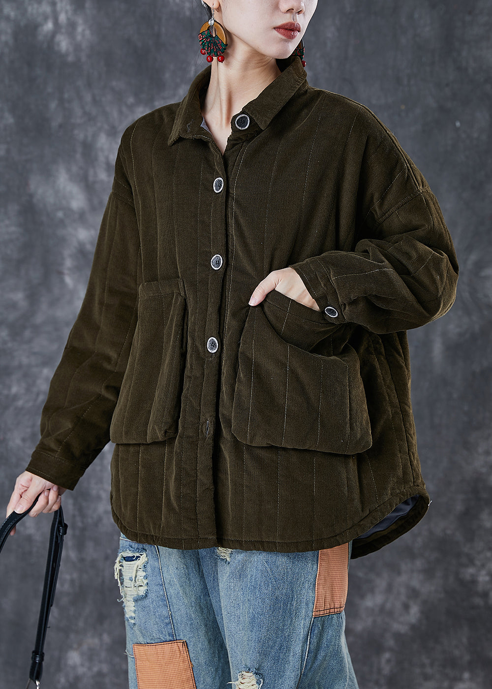 Blackish Green Oversized Pockets Fine Cotton Filled Puffer Jacket Winter