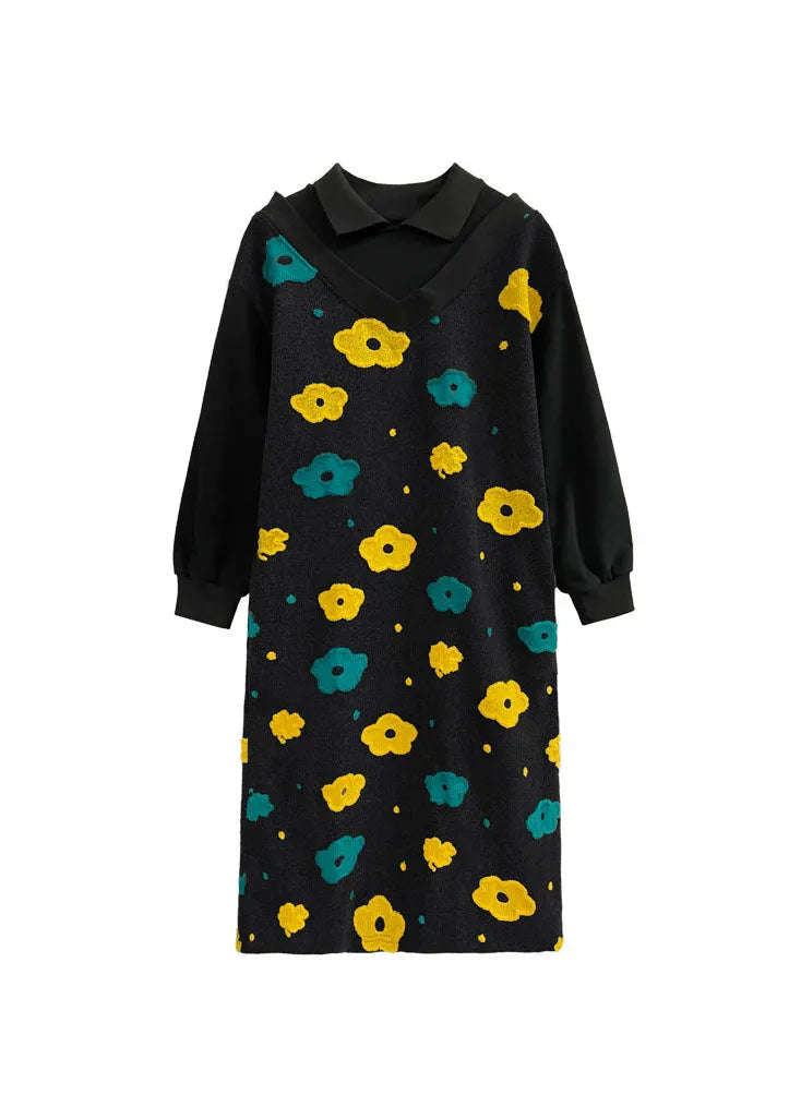 French Black Peter Pan Collar Patchwork Woolen Dress Spring