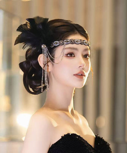 Black Alloy Zircon Feather Tassel Hairpiece