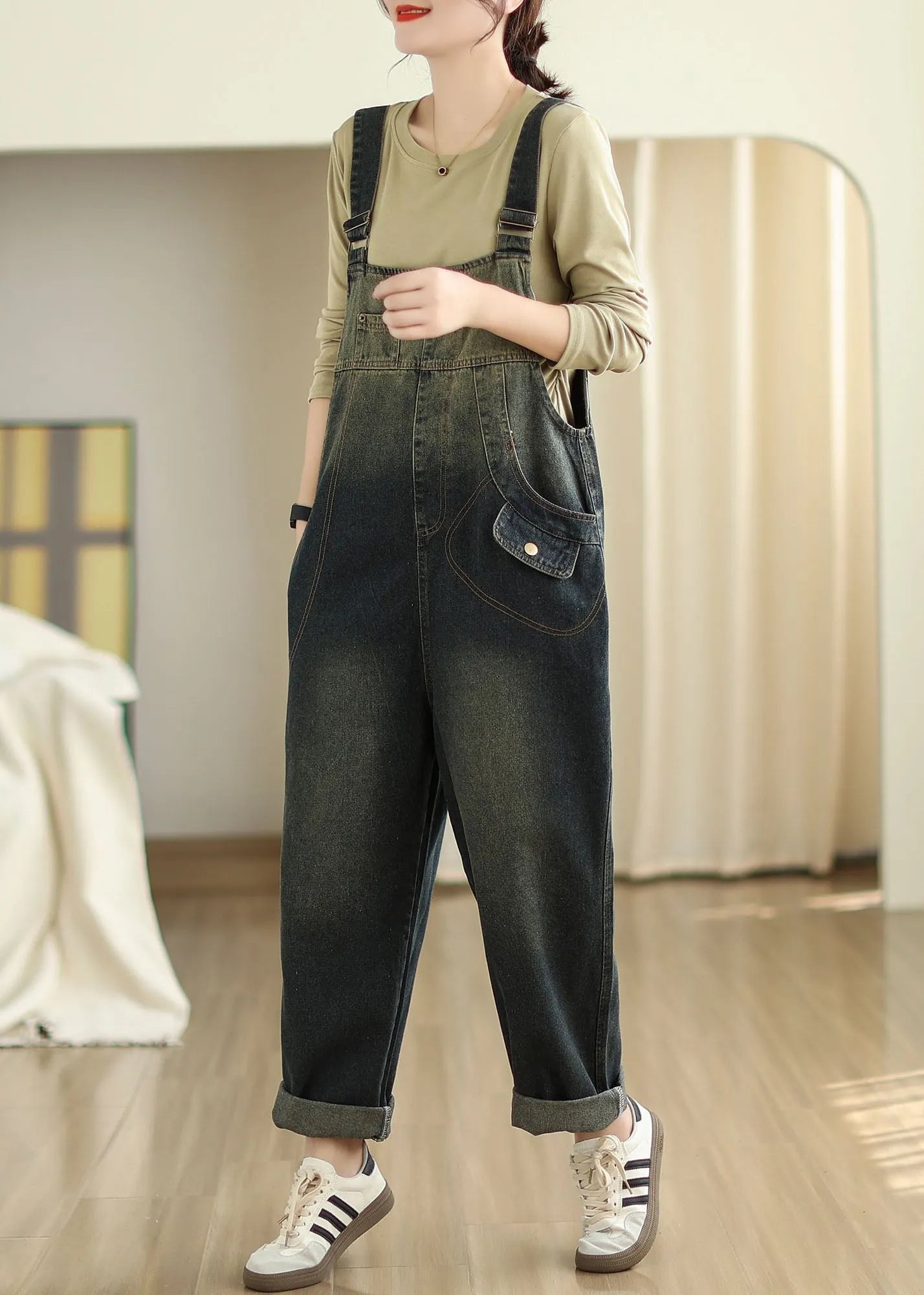 Slash Neck Pockets Patchwork Denim Jumpsuits Fall