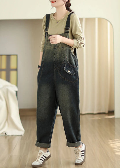 Slash Neck Pockets Patchwork Denim Jumpsuits Fall