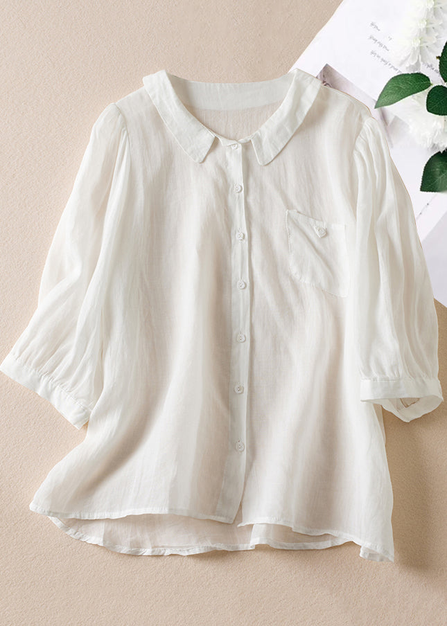 Pink Peter Pan Collar Button Linen Shirt Bracelet Sleeve