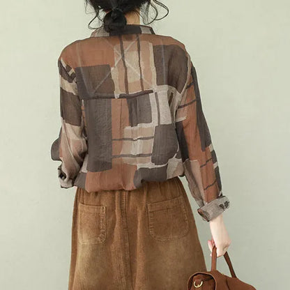French V Neck Chiffon Shirts Photography Brown Plaid Box Shirt