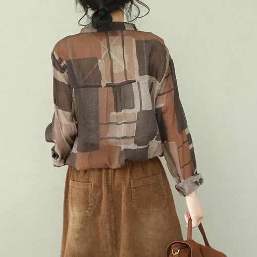 French V Neck Chiffon Shirts Photography Brown Plaid Box Shirt