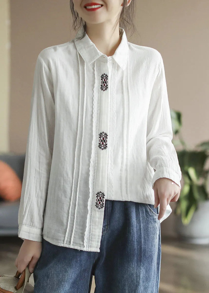 Art White Peter Pan Collar Button Embroideried Cotton Shirt Tops Spring
