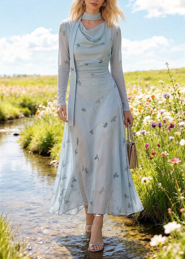 Slim Fit Light Blue Bow Print Cinched Tulle Long Dress Spring