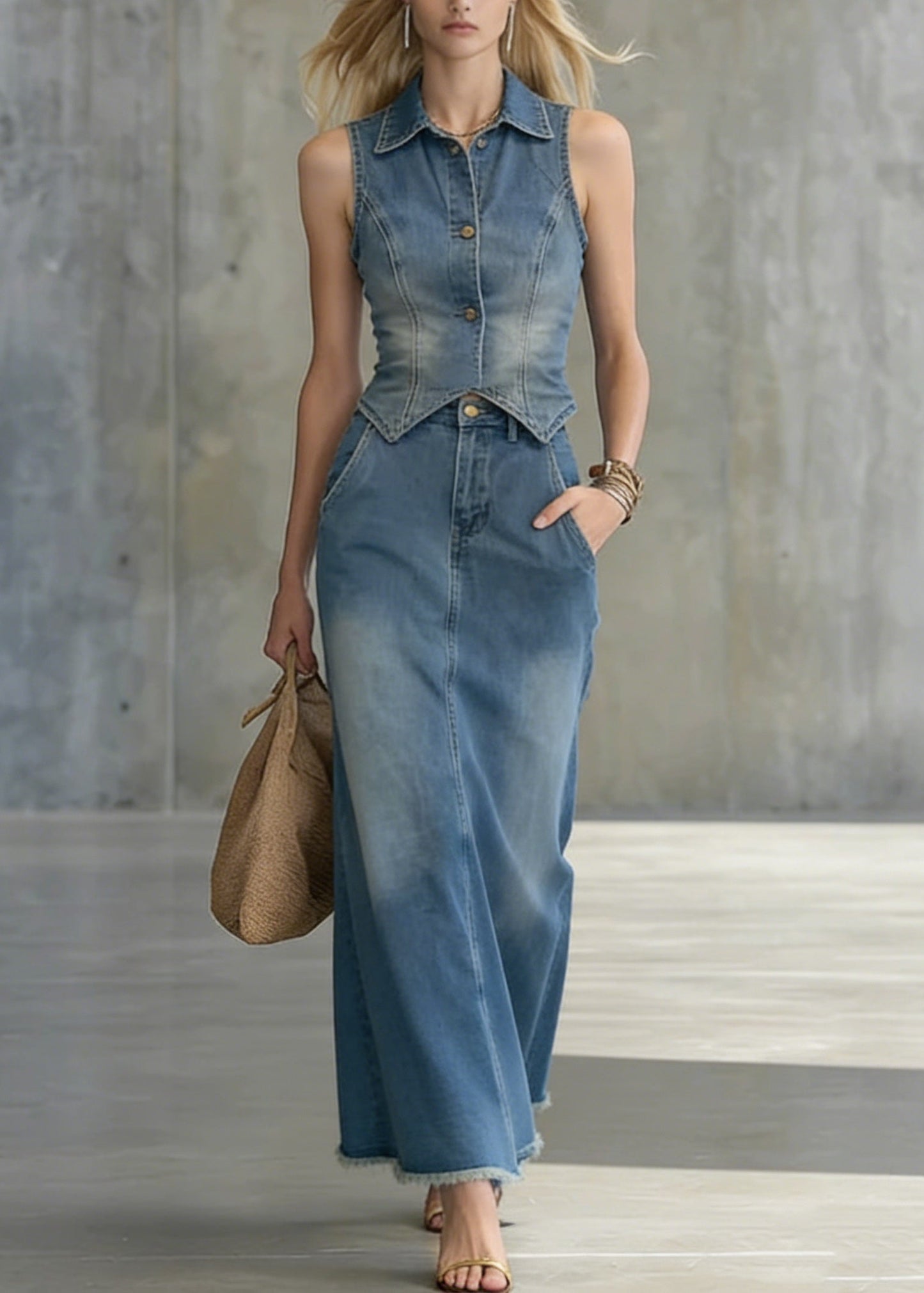 Blue Vest and Skirts Denim Two Pieces Set Summer