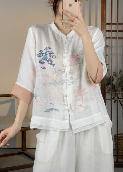 Orange Embroidered Patchwork Linen Shirt Bracelet Sleeve