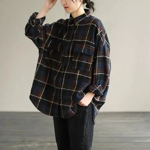 Navy Plaid Tunic Pattern Lapel Patchwork Knee Spring Top