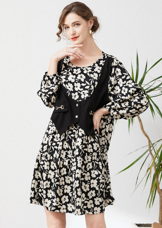 Black Oversized Patchwork Fake Two Piece Dress Spring
