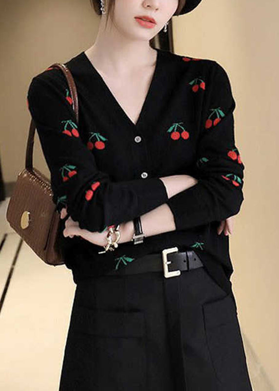 Black V Neck Embroideried Button Woolen Knit Cardigan Long Sleeve