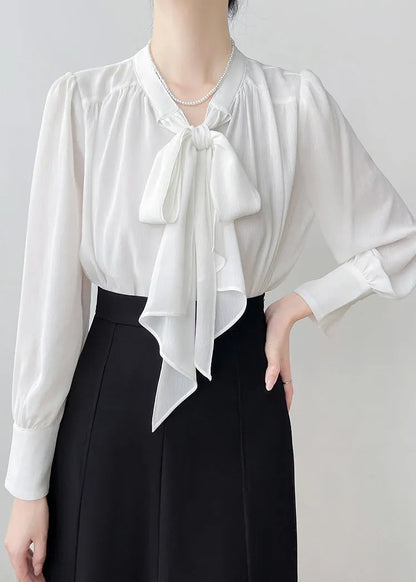 White Oversized Chiffon Shirts Bow Draping Spring