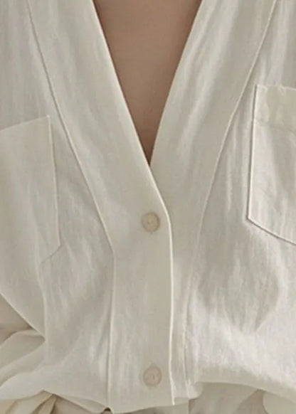 Art White V Neck Button Pockets Linen Shirt Fall