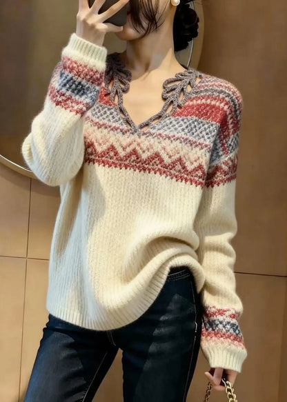 Beige V Neck Print Knitted Tops Spring