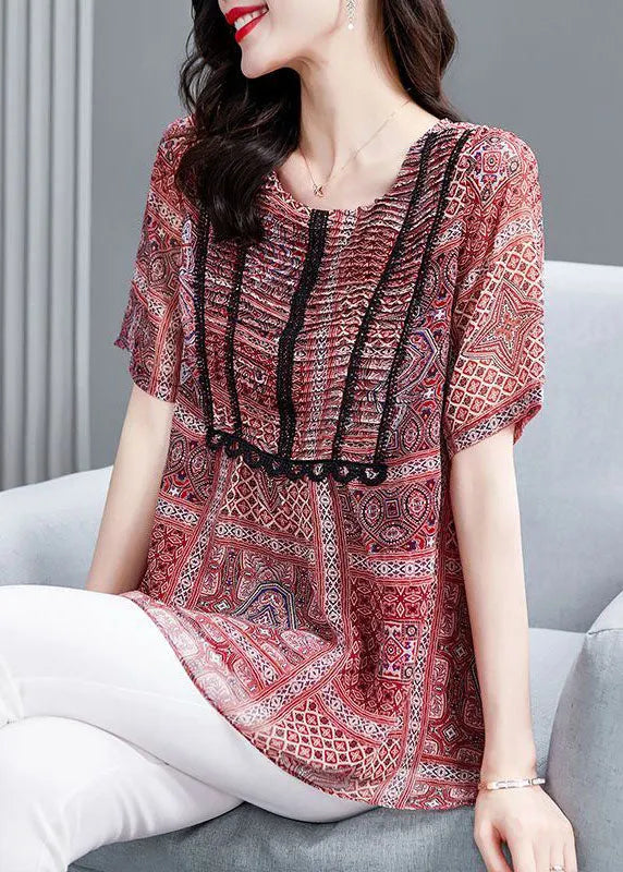 Red Print Wrinkled Chiffon Blouse Top Summer