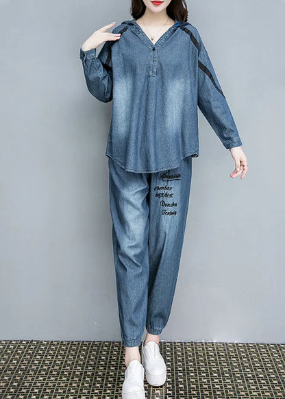 Blue Embroideried Cotton Hooded Coats and Pants Two Pieces Set Fall