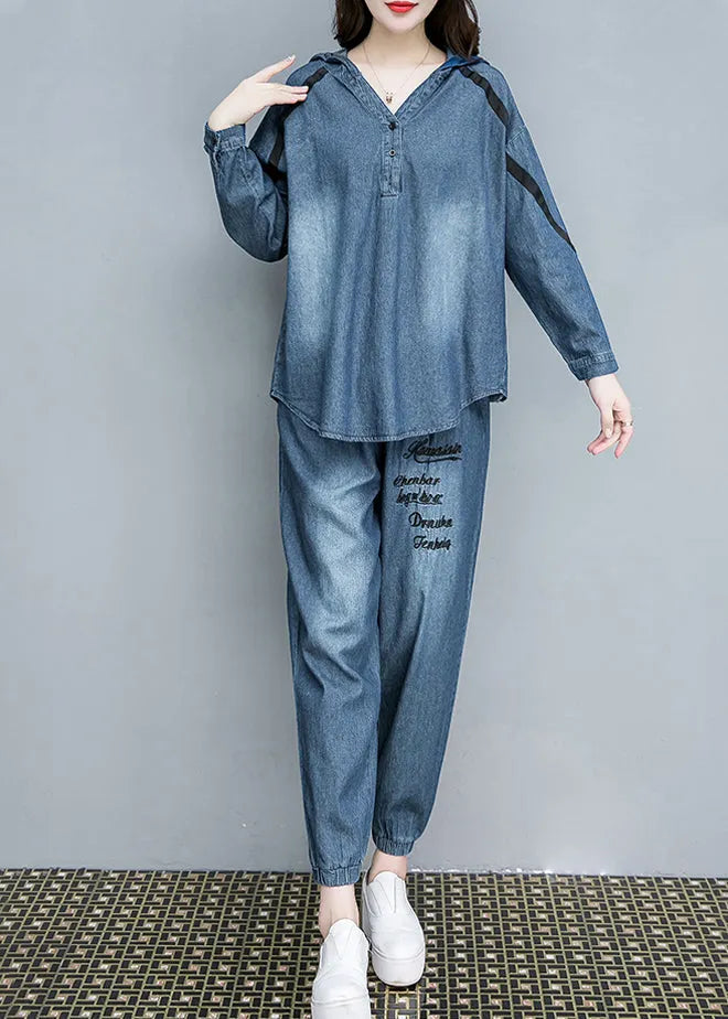Blue Embroideried Cotton Hooded Coats and Pants Two Pieces Set Fall