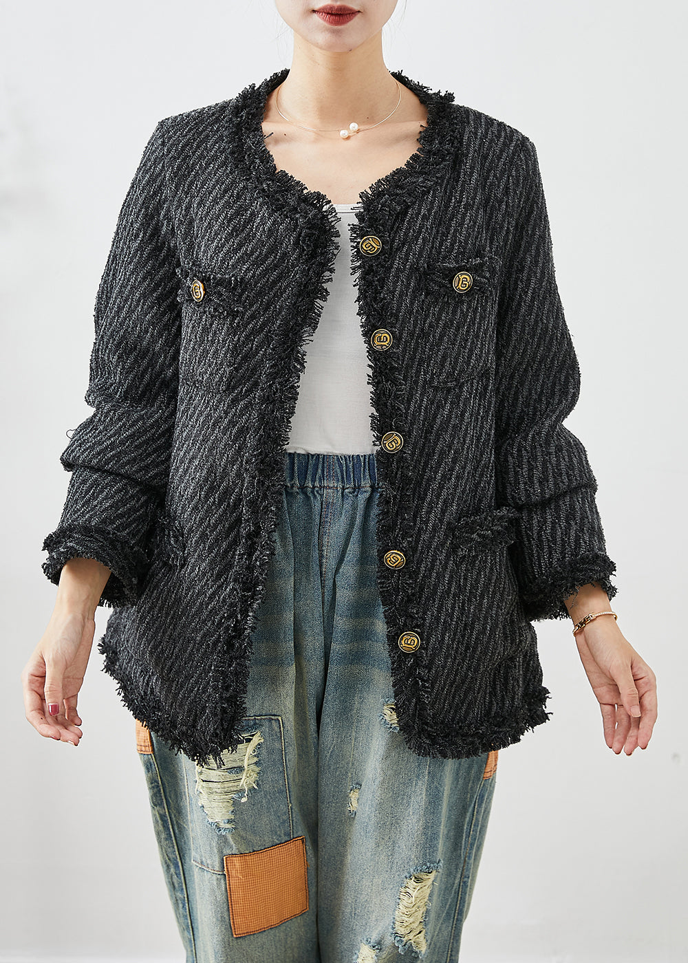 Dark Grey Tasseled Button Down Warm Fine Cotton Filled Jacket Winter
