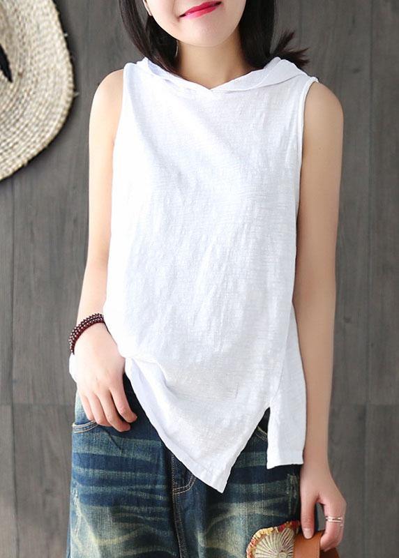 White Hooded Asymmetrical Design Summer Cotton Top Sleeveless