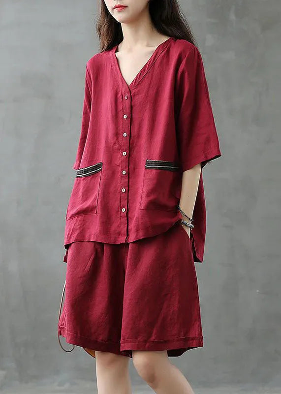 Red Button Patchwork Tops and Shorts Linen Two Pieces Set Summer