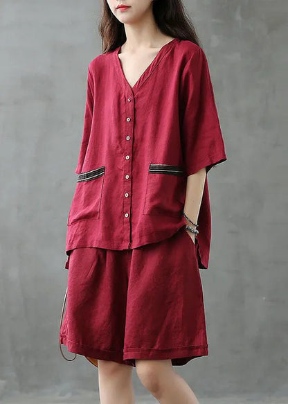 Red Button Patchwork Tops and Shorts Linen Two Pieces Set Summer