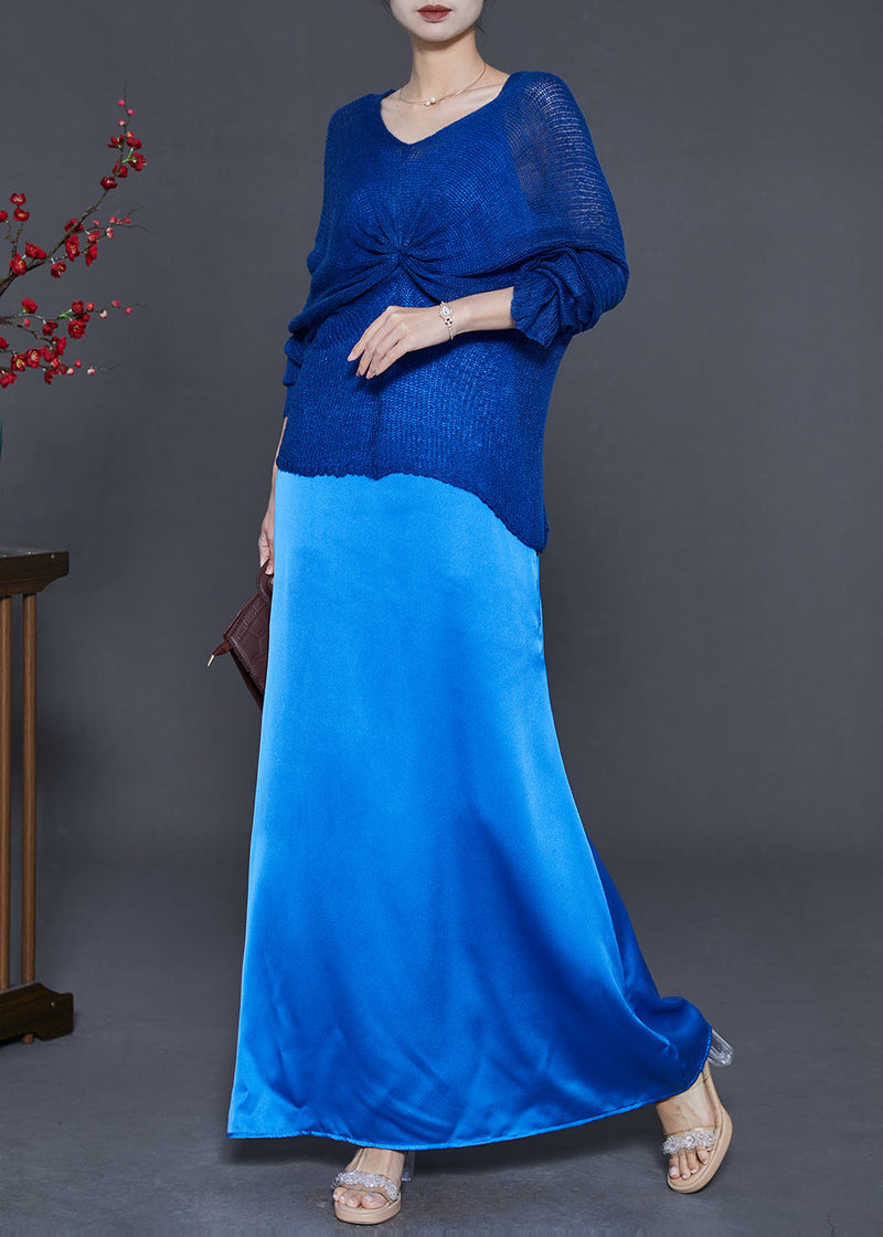 Blue Asymmetrical Design Knit Tops and Dresses Two Piece Suit Set Fall