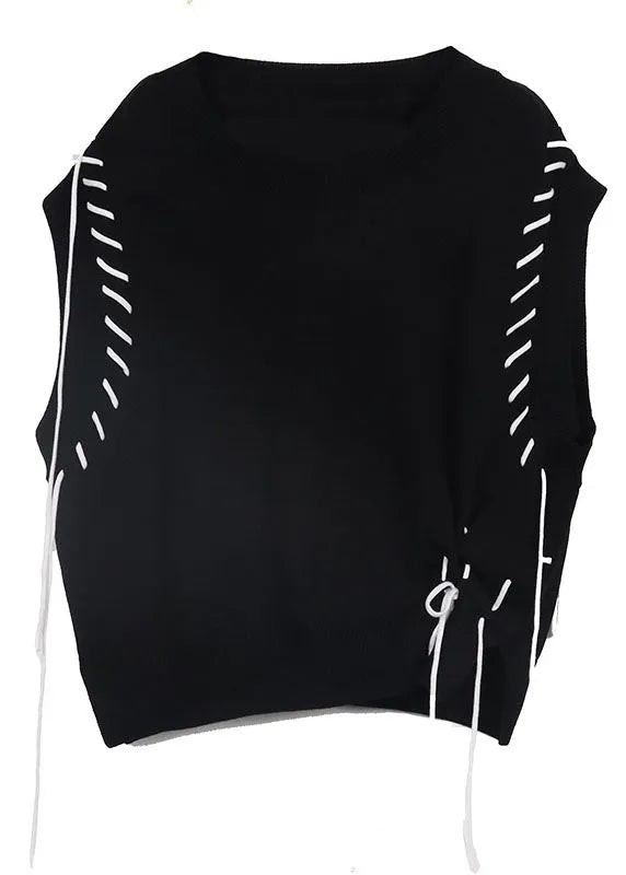 Black Knit Vest O-neck Drawstring Asymmetrical Spring