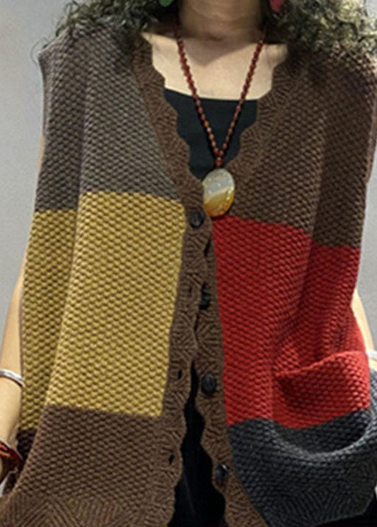 Colorblock Loose V Neck Button Fall Blouse Tops Sleeveless Knit Vest