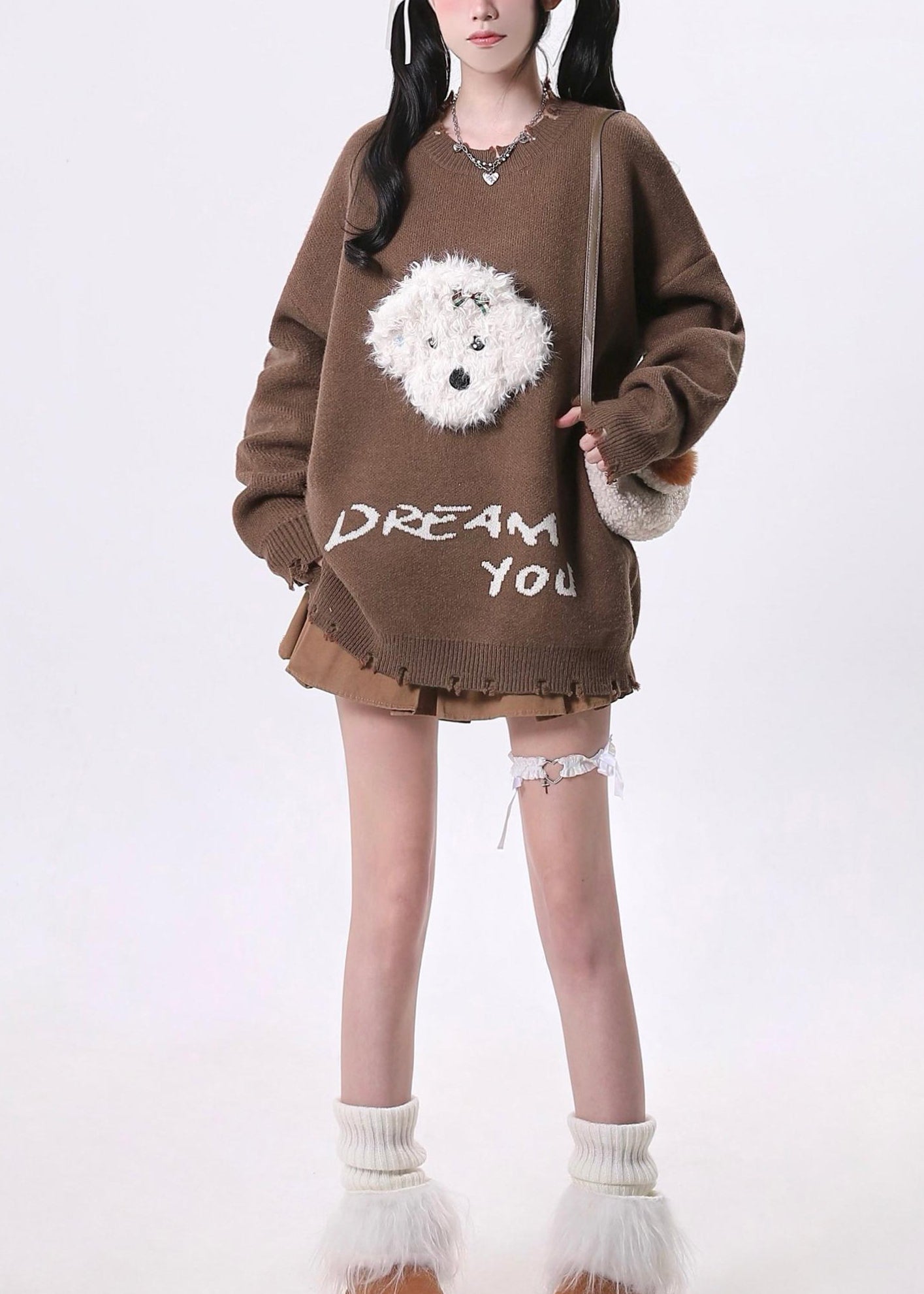 Versatile Coffee O Neck Ripped Knit Sweater Tops Spring