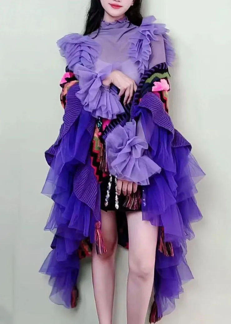 Purple V Neck Tulle Patchwork Embroideried Knit Cape Long Sleeve