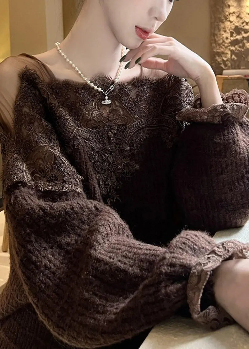 Diy Brown Oversized Lace Patchwork Knit Pullover Spring