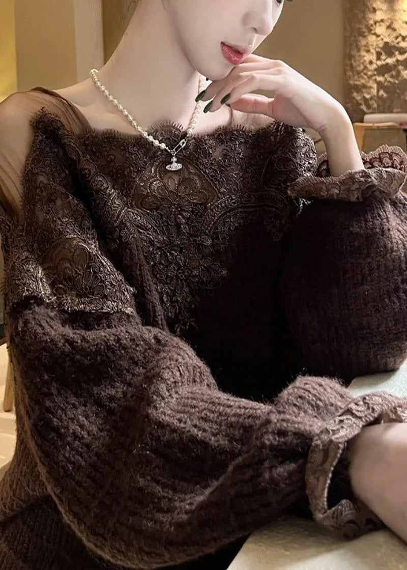 Diy Brown Oversized Lace Patchwork Knit Pullover Spring