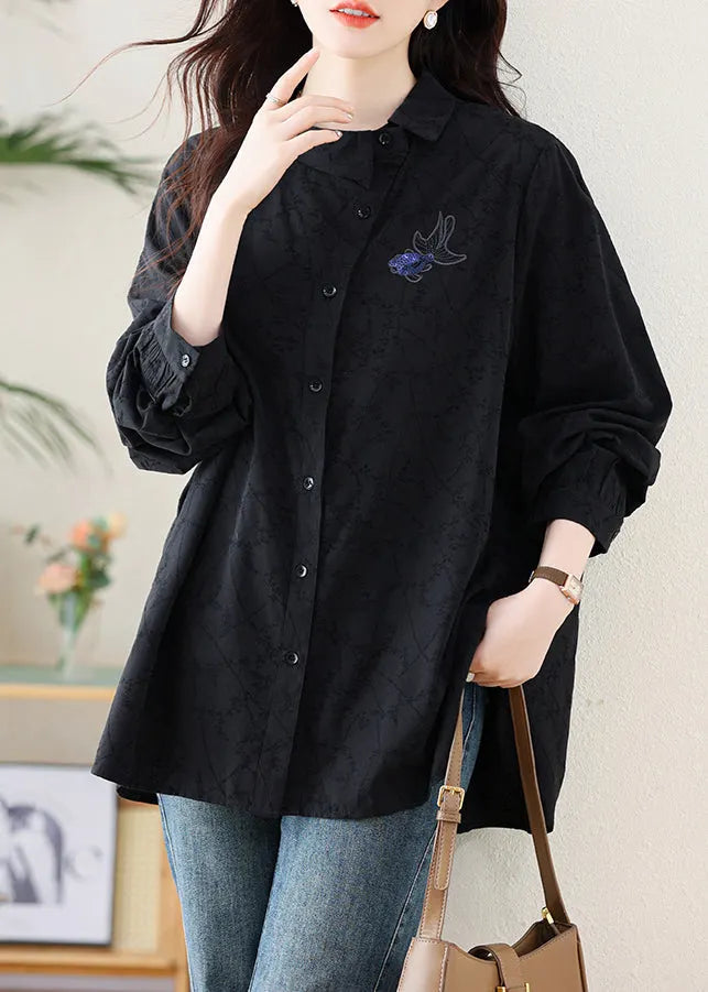 Black Embroideried Cotton Shirt Fall