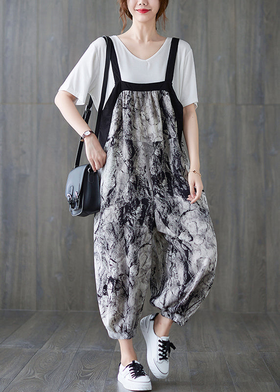 Art Ink Printing Pocket Patchwork Lantern Pant Strap Jumpsuit Spring