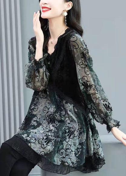 Slim Fit Black V Neck Velour Patchwork Layered Chiffon Tops Long Sleeve