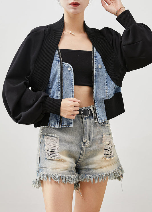 Black Oversized Patchwork Denim Fake Two Piece Coats Spring