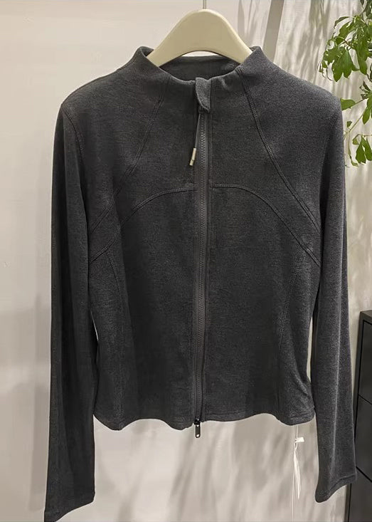 Dark Grey Velour Jackets Zip Up Stand Collar Spring