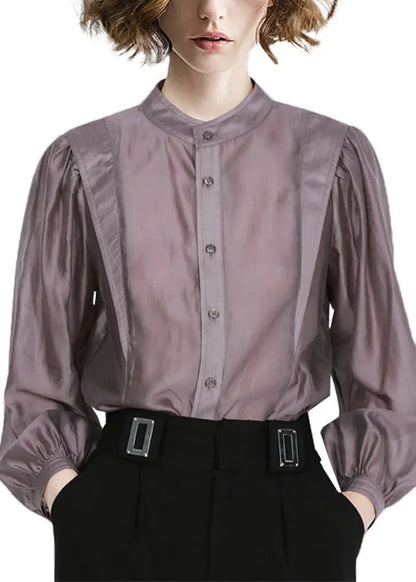 Grey Purple Peter Pan Collar Patchwork Shirt Tops Long Sleeve