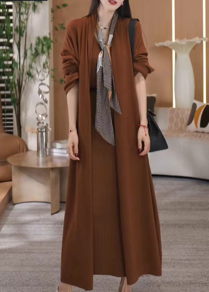 Loose Coffee V Neck Knit Two Pieces Set Winter