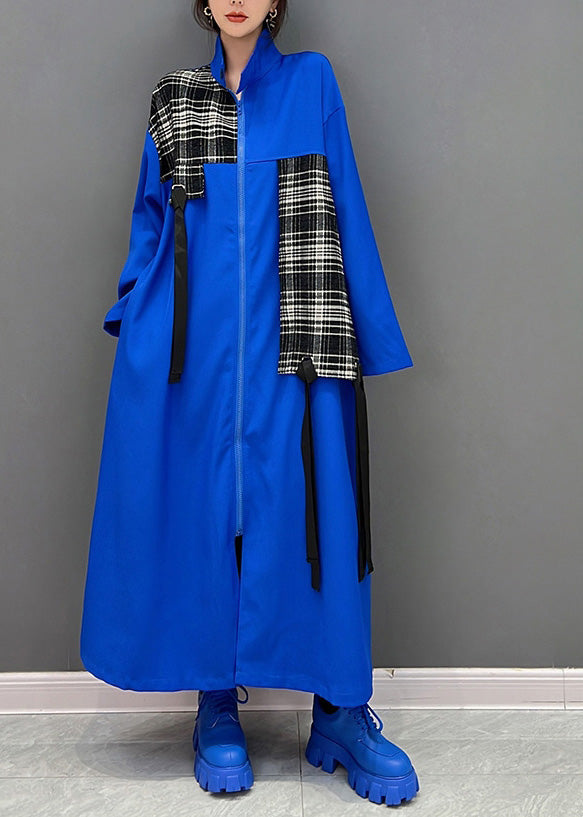 Blue Peter Pan Collar Zippered Patchwork Tassel Maxi Coat Spring