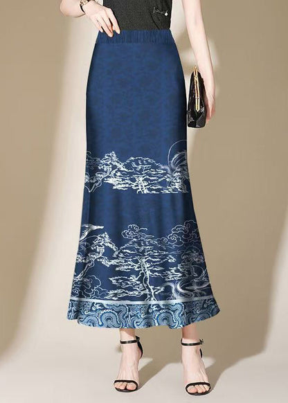 Navy Print Side Open Cotton Skirt Summer