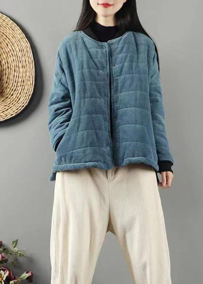 Blue Stand Collar Pockets Fine Cotton Filled Coats Winter