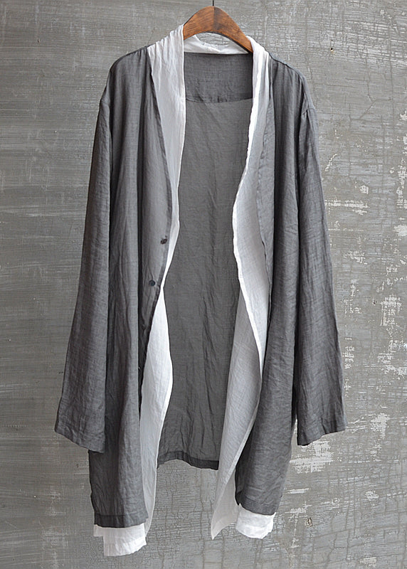 Handmade Black Patchwork Button Fake Two Pieces Linen Shirts Long Sleeve