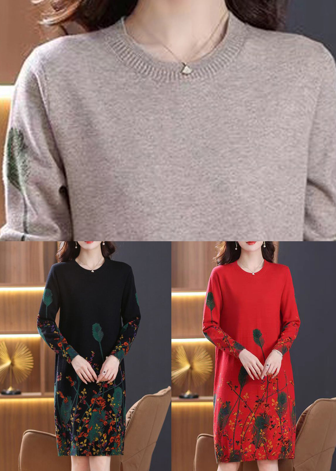 Red O Neck Print Knit Sweater Dress Fall