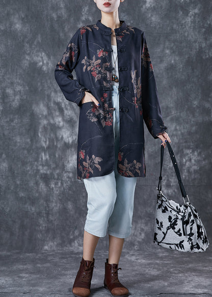 Black Tie Dye Chinese Button Linen Blouses Fall