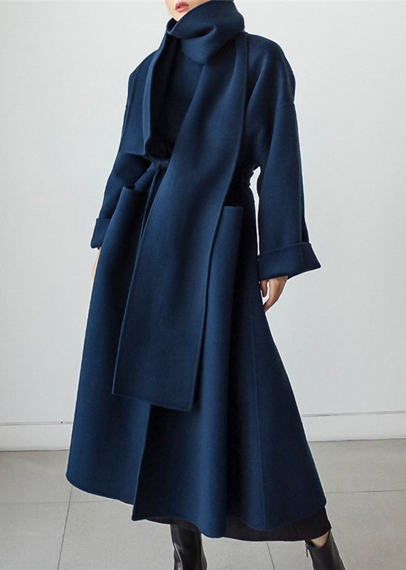 Blue Notched Tie Waist Woolen Coats Long Sleeve Winter