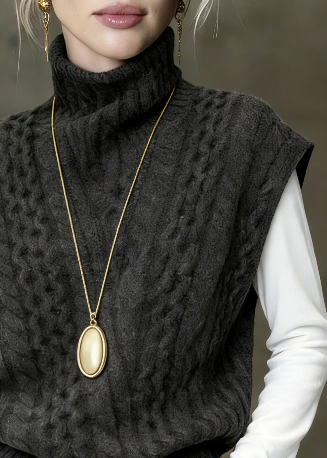 Classy Grey Turtleneck Cable Knit Vest Sleeveless